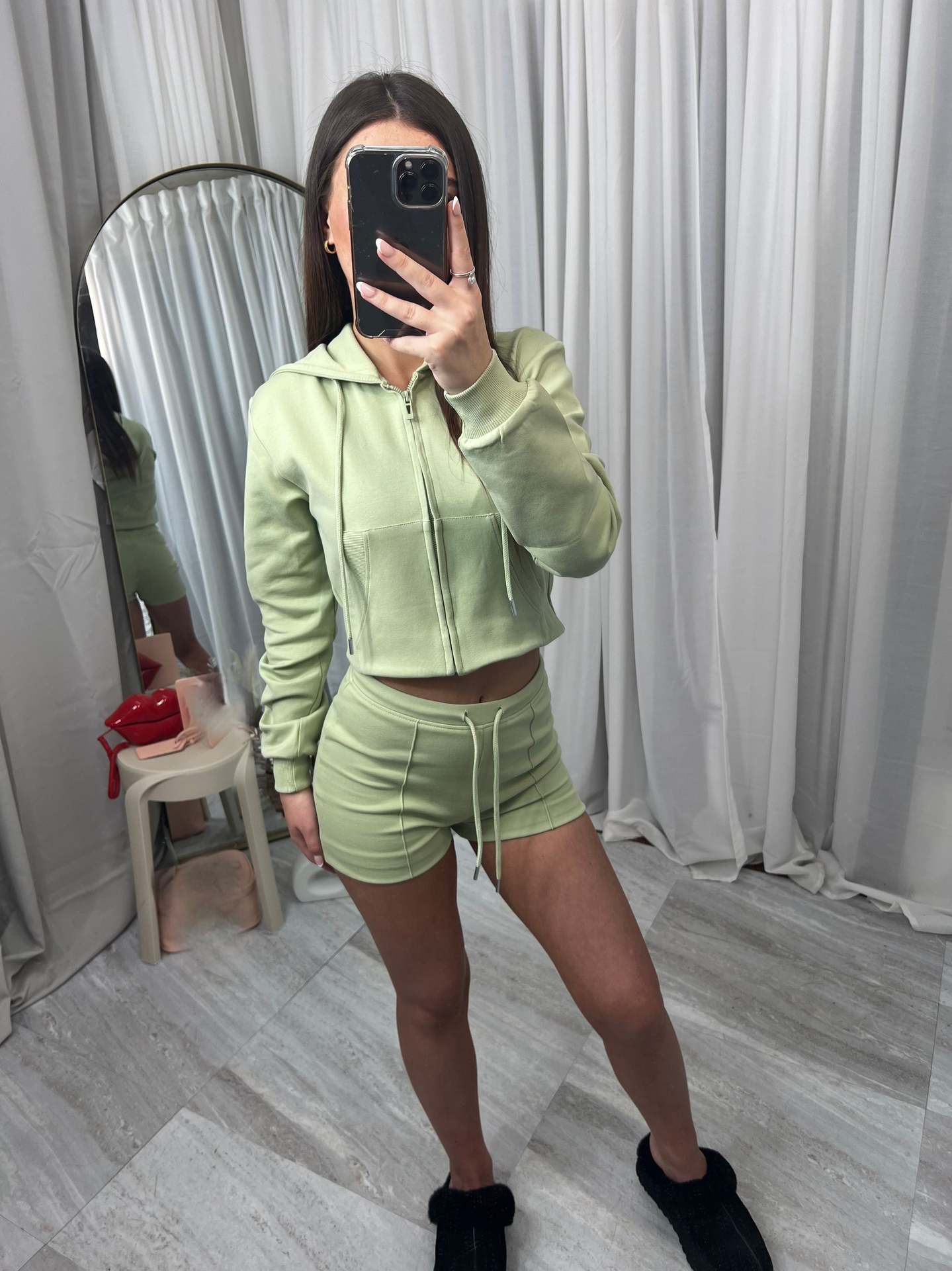 Womens Hooded Oversized Pocket Sweatshirt And Shorts Two-Piece Set