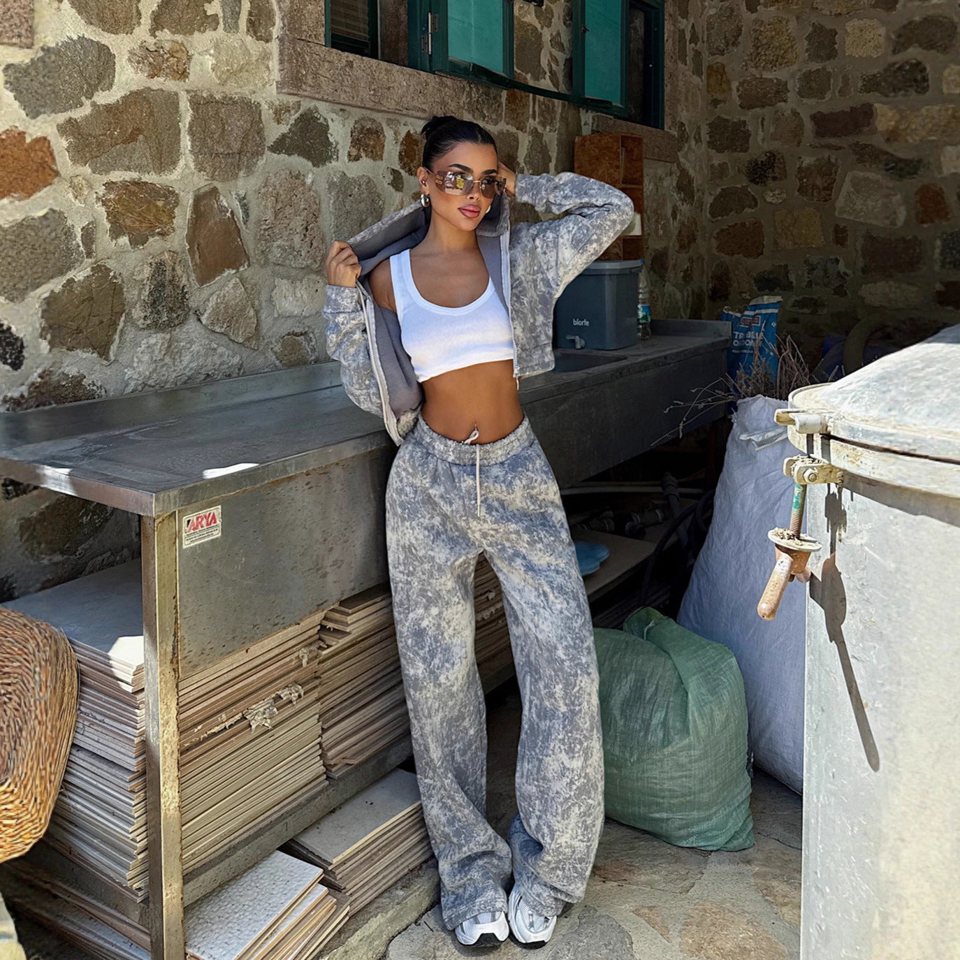 Printed Set With Zip-up Hoodie And Wide-leg Pants