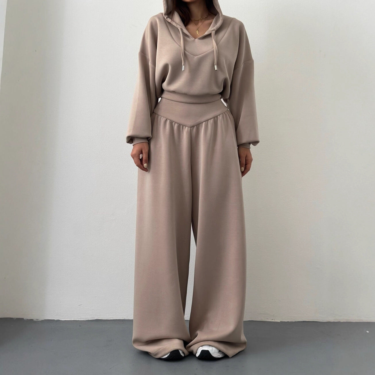 Casual V-neck Hoodie Top And Pants Set