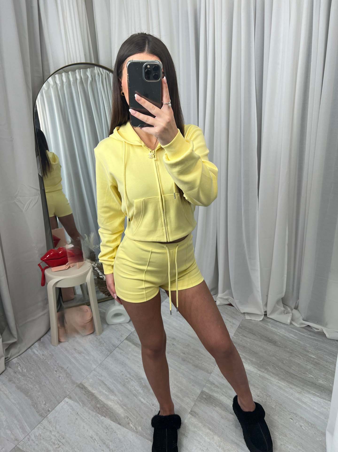Womens Hooded Oversized Pocket Sweatshirt And Shorts Two-Piece Set