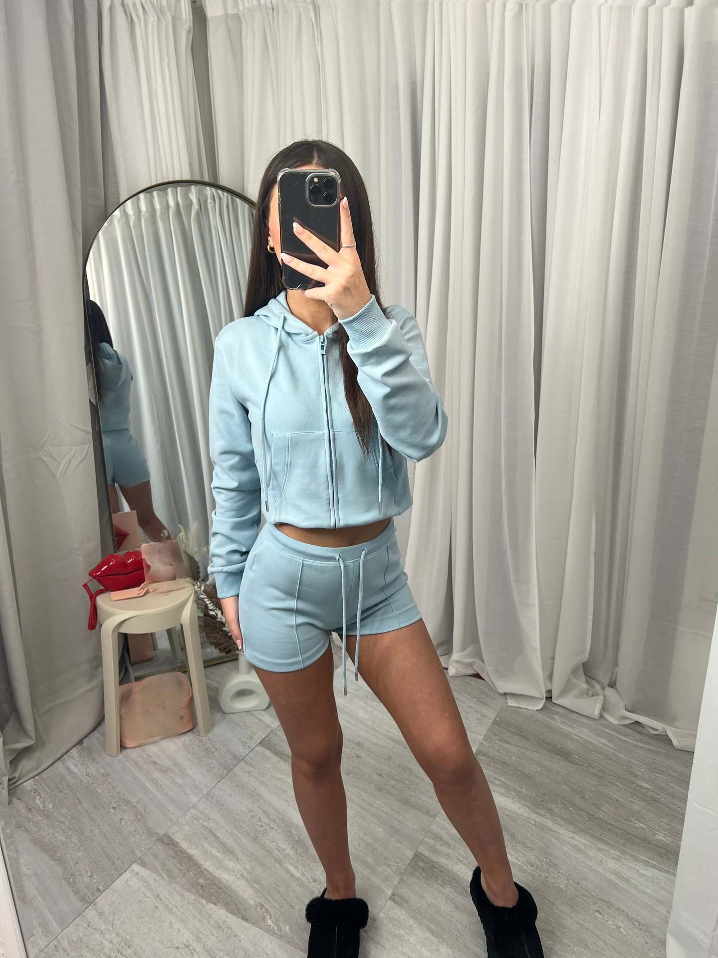 Womens Hooded Oversized Pocket Sweatshirt And Shorts Two-Piece Set