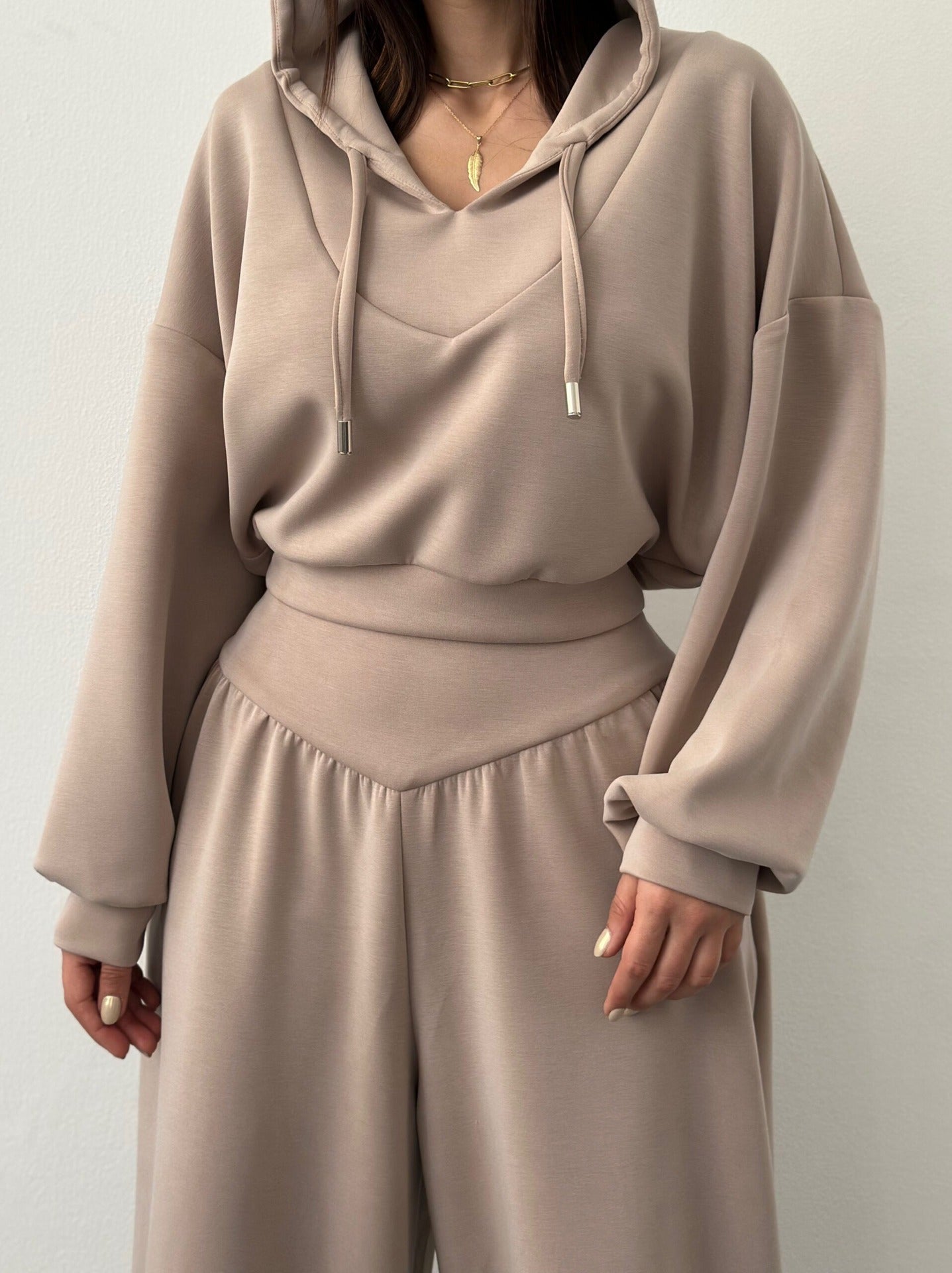 Casual V-neck Hoodie Top And Pants Set