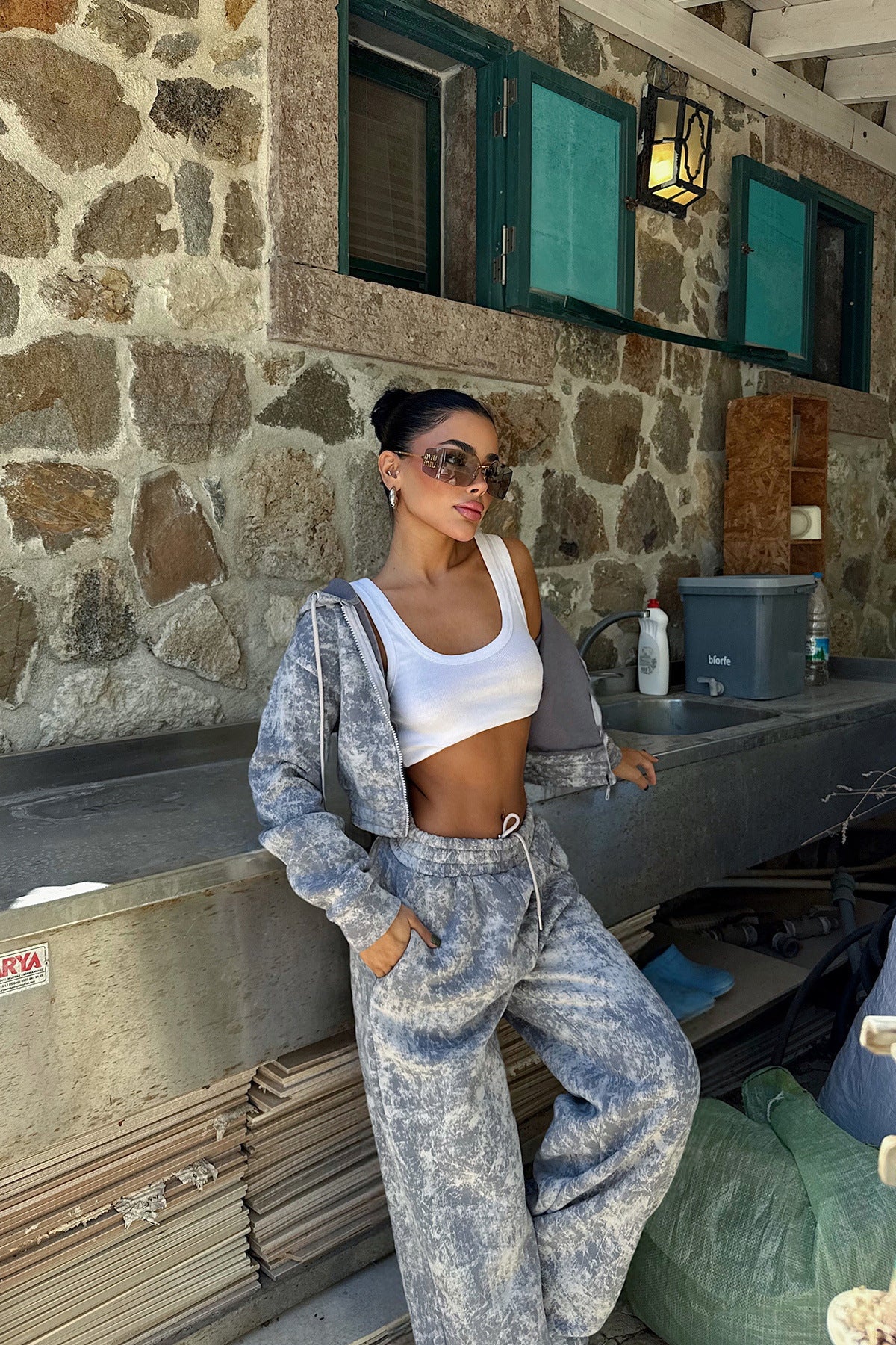 Printed Set With Zip-up Hoodie And Wide-leg Pants