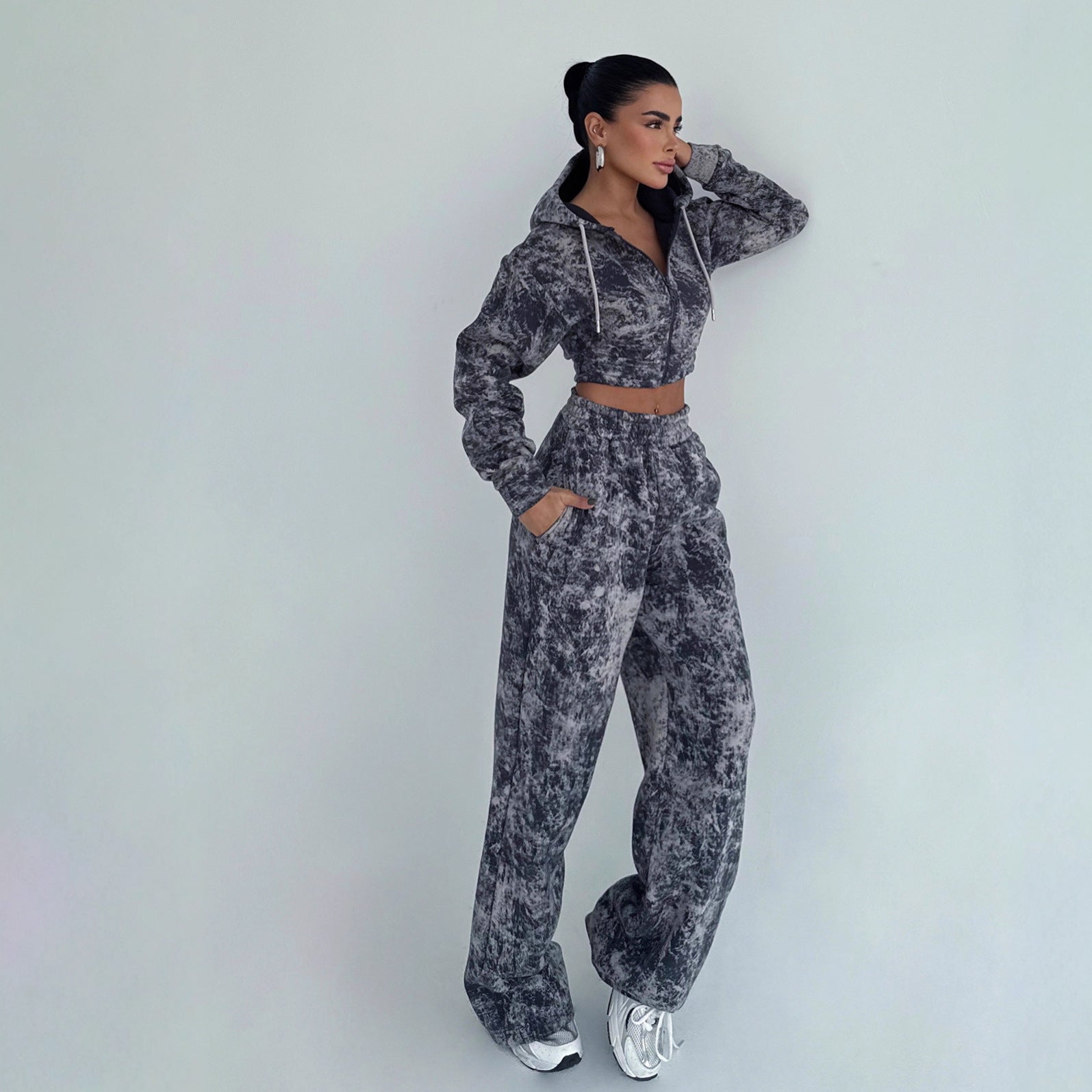 Printed Set With Zip-up Hoodie And Wide-leg Pants