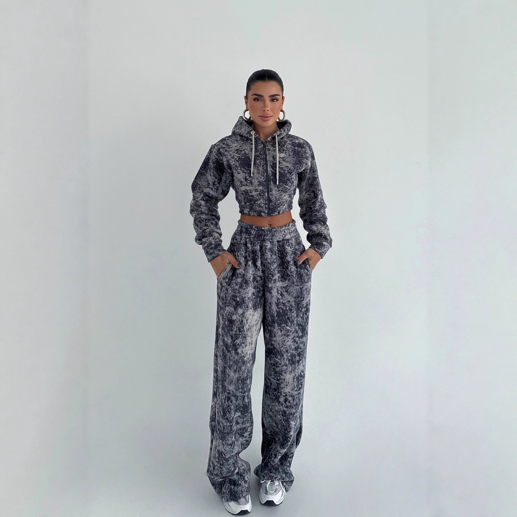 Printed Set With Zip-up Hoodie And Wide-leg Pants